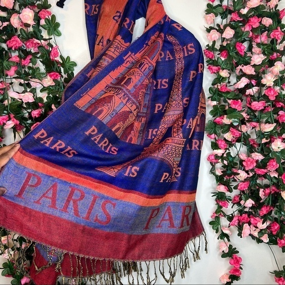 🌹Paris Blue Orange Scene France Pattern Scarf Womens Viscose - Picture 3 of 6